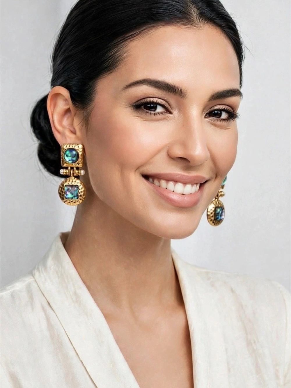 Anthropology Gold Tone Hammered Abalone Shell Dangle Earrings with Faux Pearl